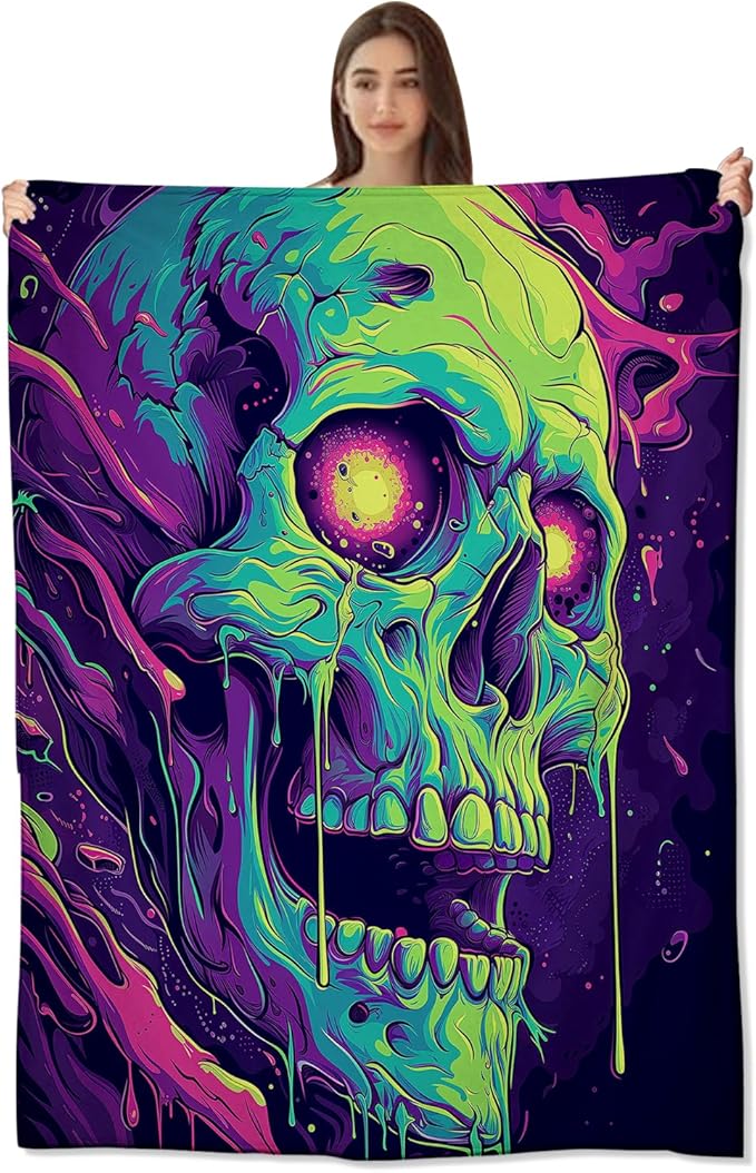 Psychedelic Skull Throw Blanket - Ultra-Soft, Comfy Plush Flannel, Lightweight & Warm, Fuzzy, Anti-Pilling, Perfect for Halloween,Couch, Bed, Travel - Cool Design for Men & Boys 60×50inch - sugar skull throw blanket