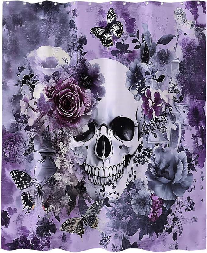 Sugar Skull Flowers Shower Curtain Floral Cloth Fabric Bathroom Decor Sets with Hooks Waterproof 72H x 72W inches Purple - sugar skull shower curtain set