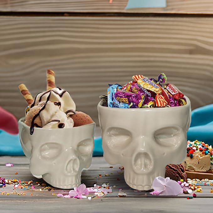 Skull Bowl 2Set, Ceramic candy bowl, halloween decor and skull decor, Microwave & Dishwasher Safe (Bone-colored) 50 OZ & 12 OZ - sugar skull plates set
