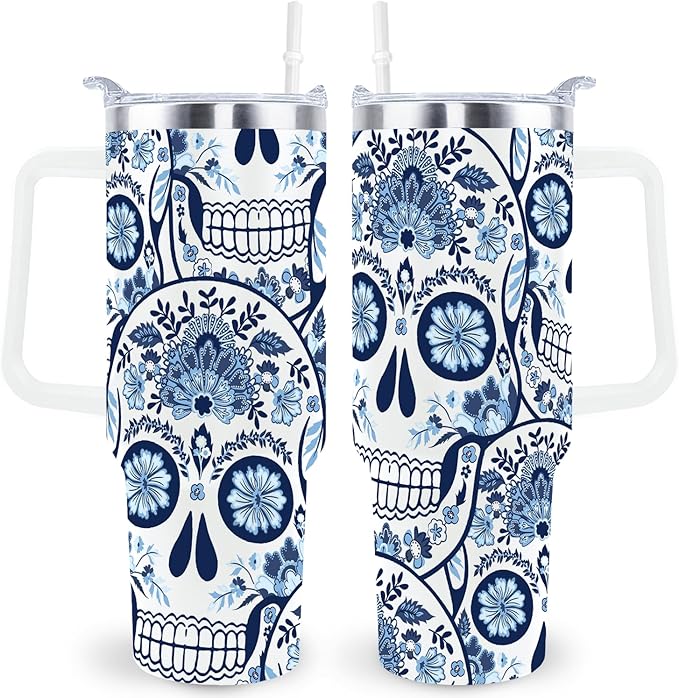 Goth Gifts Goth Tumbler Halloween Tumbler 40 Oz Sugar Skull Gifts Cup For Women Men Spooky Skeleton Travel Mug with Handle Lid and Straw - sugar skull beach towel