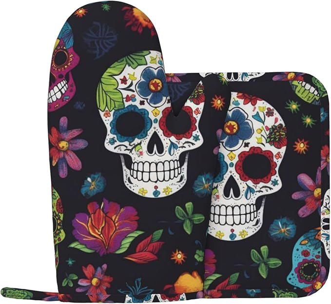 Flower Cactus Sugar Skull Oven Mitts and Pot Holders Sets of 2 Heat Resistant Non-Slip Oven Gloves and Potholder Washable Cooking Hot Pads Waterproof Cooking Mitts for Kitchen Baking Grilling BBQ - sugar skull oven mitts