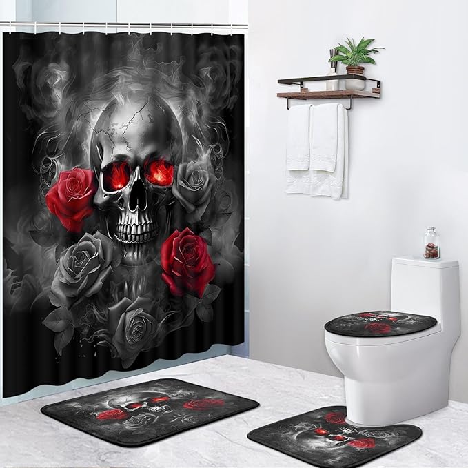 4 Pcs Shower Curtain Sets, Rose Flame Waterproof Bathroom Sets with Non-Slip Rugs, Toilet Lid Cover and Bath Mat, 12 Hooks, Accessories Modern Home Bathroom Decor 72" X 72" - sugar skull shower curtain set