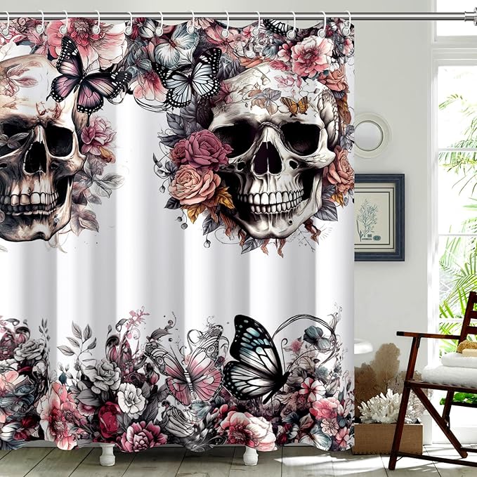Skull Flower Butterfly Shower Curtain, 72x72 Inch Waterproof Fabric Bathroom Decor with Hooks, Gothic Floral Skeleton Themed Curtain for Women - sugar skull shower curtain set
