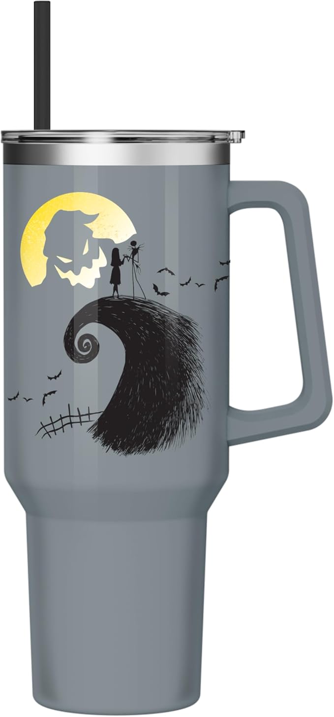 Silver Buffalo Disney Nightmare Before Christmas Featuring Oogie Boogie, Jack Skellington, and Sally Stainless Steel Tumbler with Handle and Straw, Fits in Standard Cup Holder, 40 Ounces - sugar skull tumbler with straw
