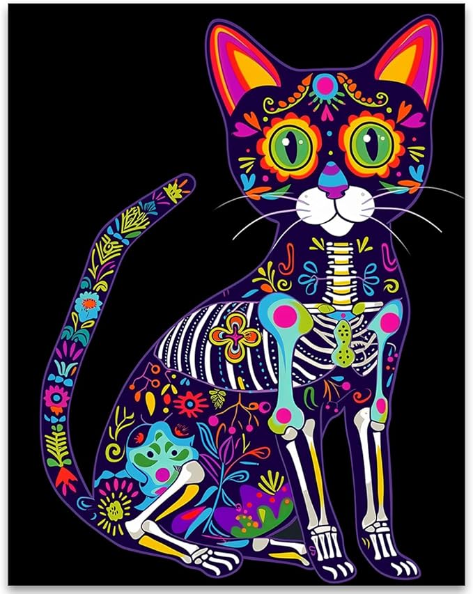 Sugar Skull Cat Halloween Watercolor 11x14 Unframed Poster-Day of the Dead Calaveras, Mexican Cat Lovers Feline Pet Cute Kitty Kitten Artwork w/Colorful Floral Flowers, Dark Academia Skeleton Pattern - sugar skull poster print