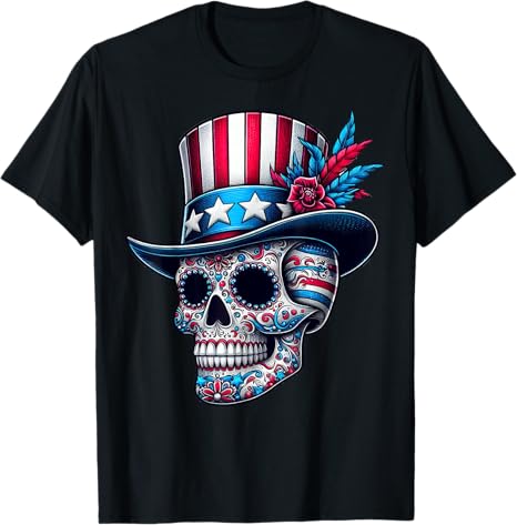 Patriotic 4th Of July American Sugar Skull - sugar skull t-shirt womens