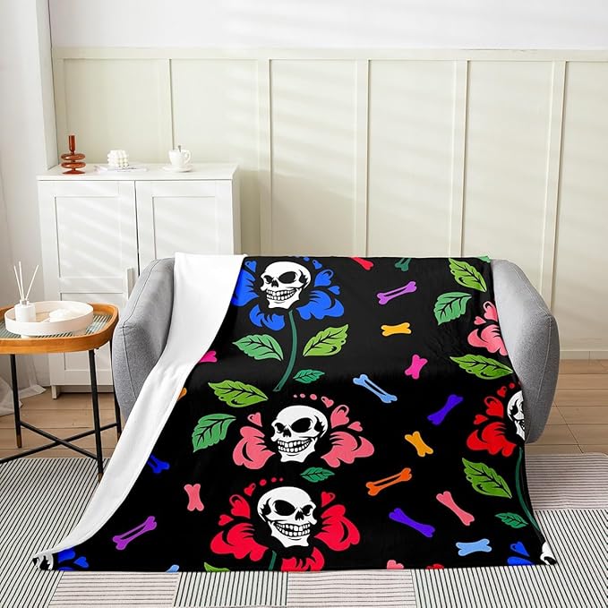 Erosebridal Sugar Skull Blanket Throw 50X60,Floral Skull Printed Soft Microfiber Throw Blanket Colourful Bone Fleece Blanket Bedroom Decor Halloween Gothic Fuzzy Blanket All Season for Sofa Bed Couch - sugar skull throw blanket