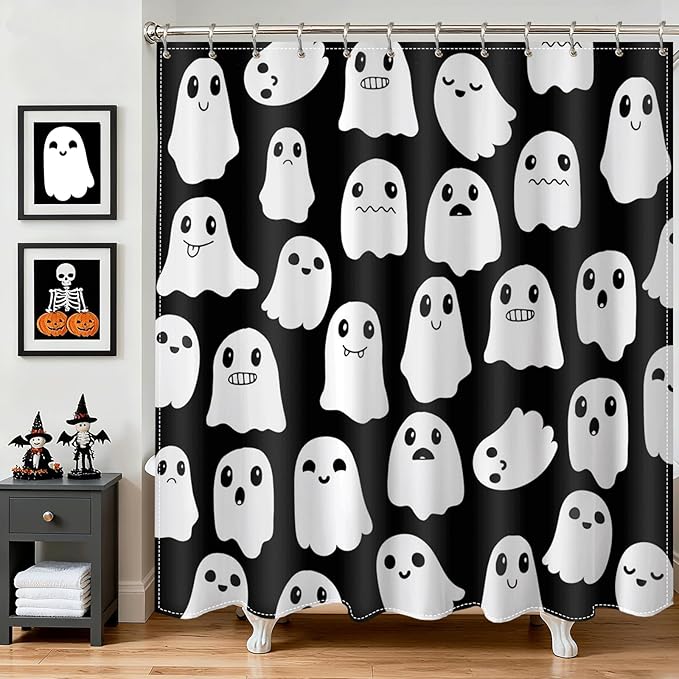 Halloween Shower Curtain Cute Black Spooky Ghost Shower Curtain Spooky Boo Waterproof Fabric Bath Curtain Decor Sets with 12 Hooks for Halloween Bathroom Decor - sugar skull shower curtain set