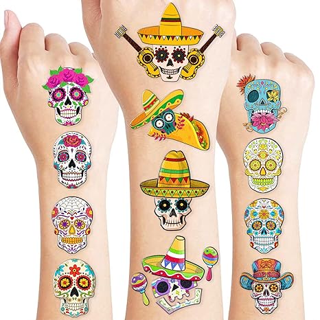 Skull Temporary Tattoos Fiesta Sugar Skull Party Decorations Favors Supplies Mexican Themed Cute Stickers 10 Sheets 100 PCS Gifts for Baby Girls Boys Class School Carnival - sugar skull temporary tattoo