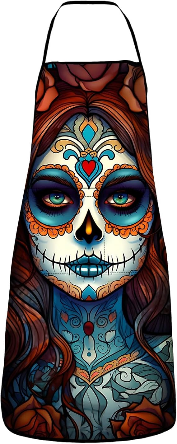 Mexican Sugar SKull Apron with 2 Pockets Painters Art Aprons Gifts for Women Men Kitchen Smocks - sugar skull apron for women