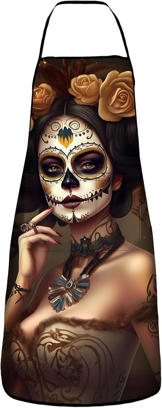 Kitchen Aprons with 2 Pockets Mexican Sugar SKull Apron For Baking/BBQ for Women Men Unisex Waterproof - sugar skull apron for women