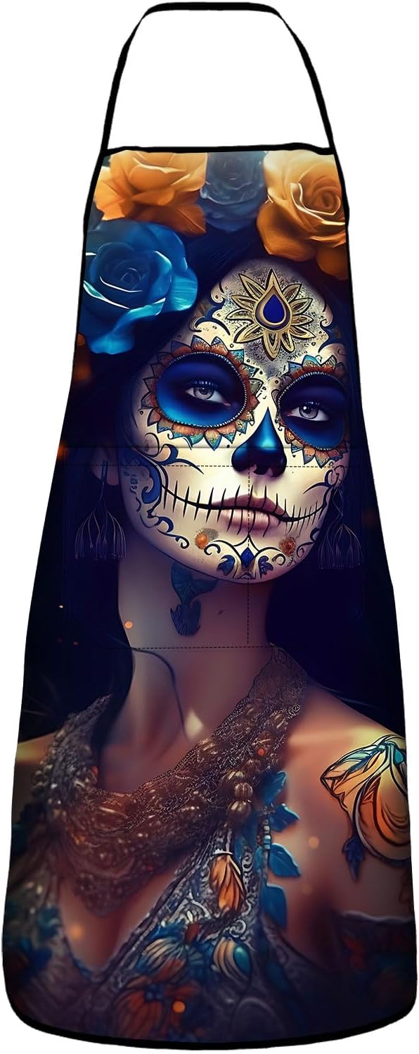 Mexican Sugar SKull Apron with 2 Pockets, Cooking Kitchen Bib Aprons for Women Men Unisex, - sugar skull apron for women