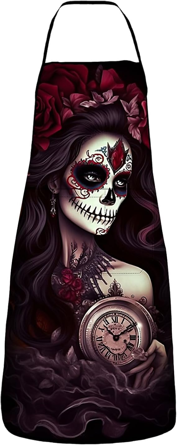 Mexican Sugar SKull Kitchen Aprons for Women with 2 Pockets Cooking Aprons for Women Men - sugar skull apron for women