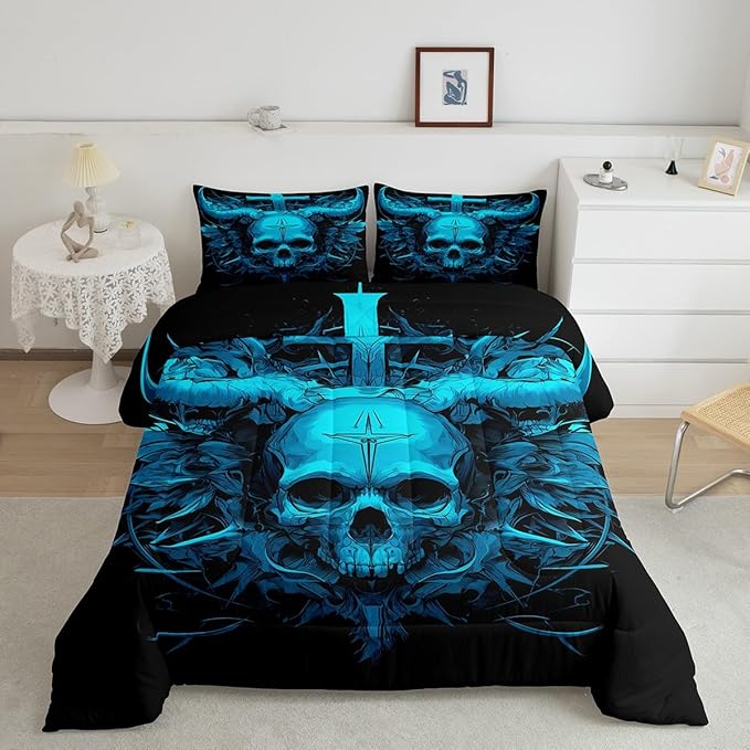 Feelyou Queen Size Sugar Skull Comforter Set - Blue Sugar Skull Bedding Set for Kids Boys Girls Teens Toddler Gothic Duvet Set & Skeleton Quilt Set (3Pcs) - sugar skull bedding set