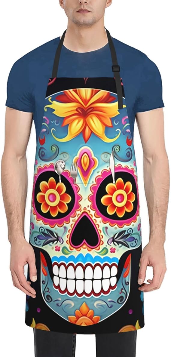 Sugar Skulls Apron For Men Women Waterproof Aprons with 2 Pockets Adjustable Bib Apron Kitchen Cooking Aprons Chef Heavy Duty Work Apron, Black - sugar skull apron for women