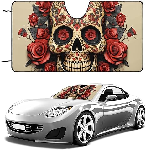 Windshield Sun Shade Car Windshield Sunshade Foldable Car Sun Shield Red Rose Sugar Skull Sunshade Car Windshield Cover for Most Sedans SUV Trucks - sugar skull car sunshade for windshield