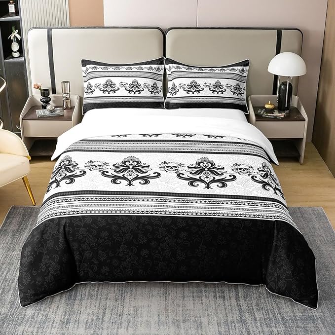 Feelyou Jacquard Bedding Duvet Cover Set 100% Cotton Sugar Skull Comforter Cover Set Black Damask Duvet Cover 100% Cotton Queen Bedroom Decor Strip Lines White and Black Bedspread Cover 3Pcs - sugar skull throw pillow
