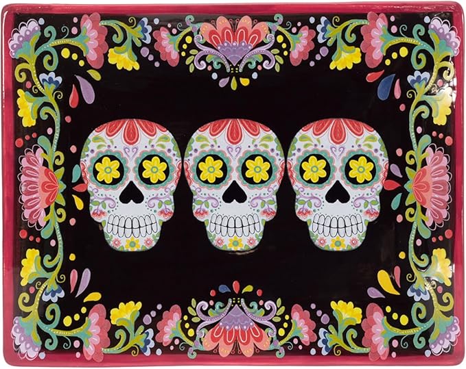 Boston International Ceramic Plate Day of the Dead Rectangular Serving Dish, 10" x 8", No Vida Cantina - sugar skull plates set
