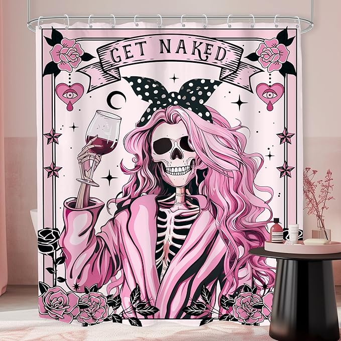 Funny Skull Skeleton Shower Curtain Halloween Pink Girl Gothic Spooky Black Flower Rose Floral Red Wine Unique Scary Women Bathroom Decor 60Wx72H Bath Curtain Fabric Polyester 12 Pack Hooks - sugar skull shower curtain set