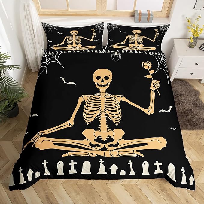 Feelyou Sugar Skull Bedding Set Twin Size Kids Gothic Skull Comforter Cover Set for Boys Girls Teens Black Yellow Duvet Cover Spider Print Bedspread Cover Halloween Themed Quilt Cover - sugar skull bedding set