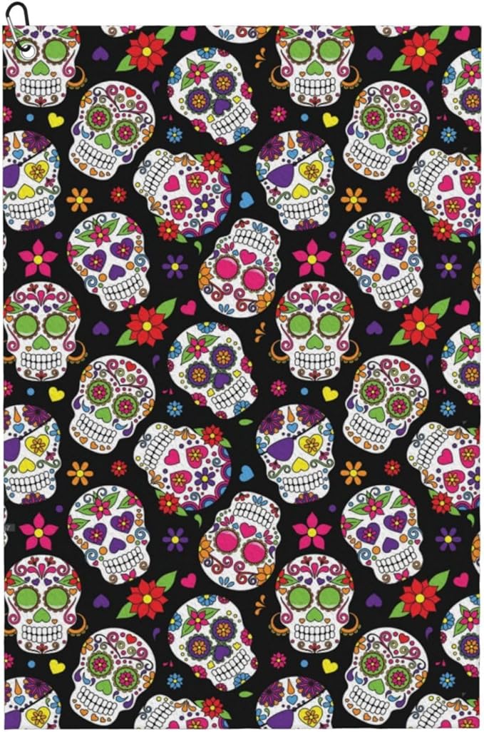 Day of The Dead Sugar Skull Golf Towel for Golf Bags with Carabiner Clip 16 X 24 Inches Absorbent Microfiber Golf Towels for Men and Women Golf Accessories Golf Gifts for Men - sugar skull beach towel