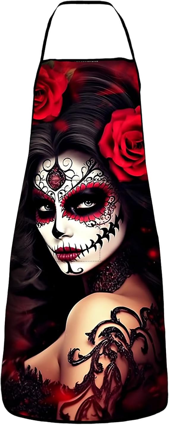 Waterproof Adjustable Sugar Skull Flower Apron for Kitchen Bbq with 2 Pockets, Sugar Skull Flower Gift for Women - sugar skull nail art