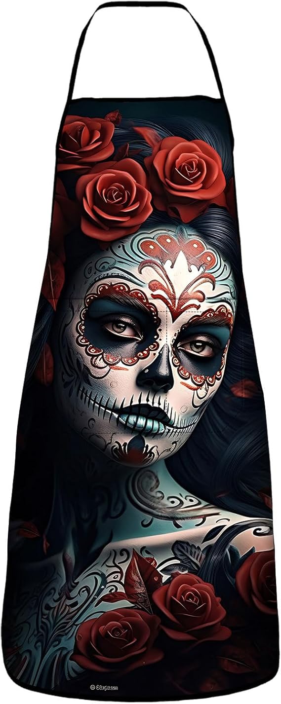 Sugar Skull Flower Waterproof Apron with 2 Pockets Kitchen Aprons Women Men, Bibs for Grooming Cooking Painting - sugar skull nail art