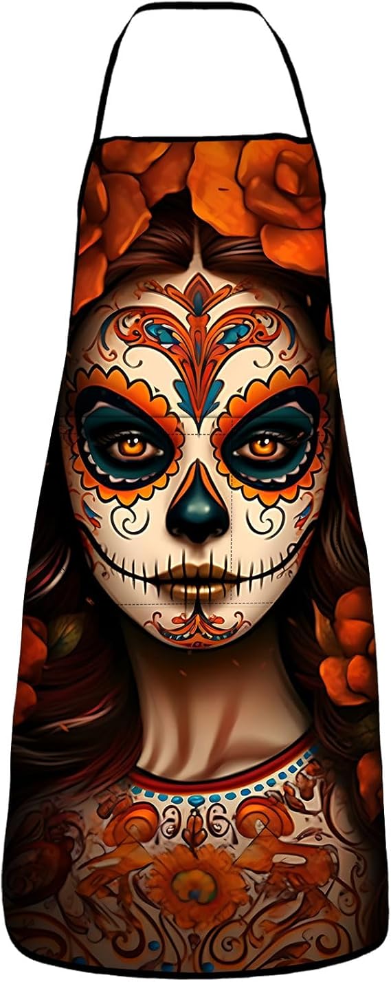 Waterproof Adjustable Sugar Skull Flower Apron for Kitchen Bbq with 2 Pockets, Sugar Skull Flower Gift for Women - sugar skull nail art