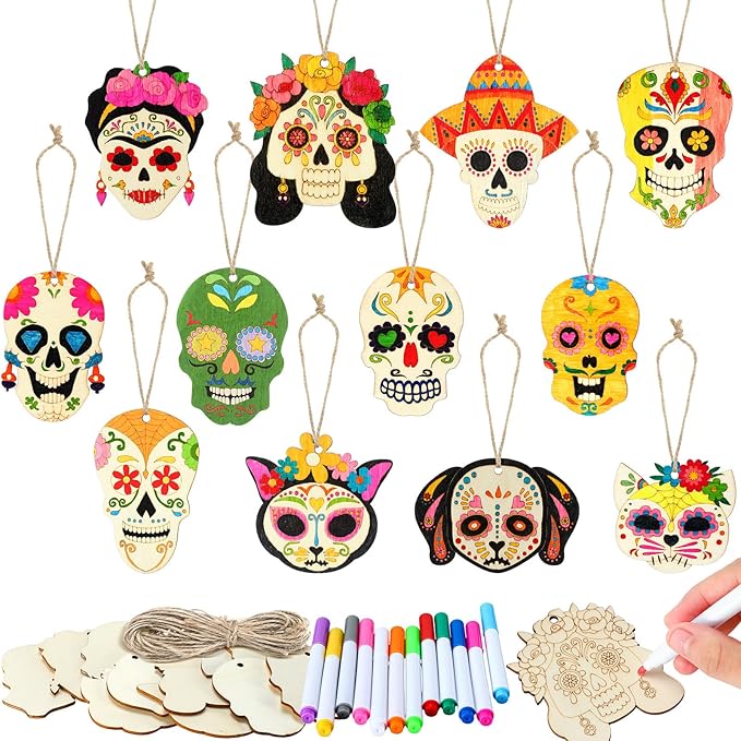 Colingmill 60 Pcs Sugar Skull Day of The Dead Wooden Craft Kit DIY Unfinished Skull Ornament Halloween Hanging Blank Craft with Rope and Coloring Pen for Dia De Los Muertos Party Decor - sugar skull christmas ornament