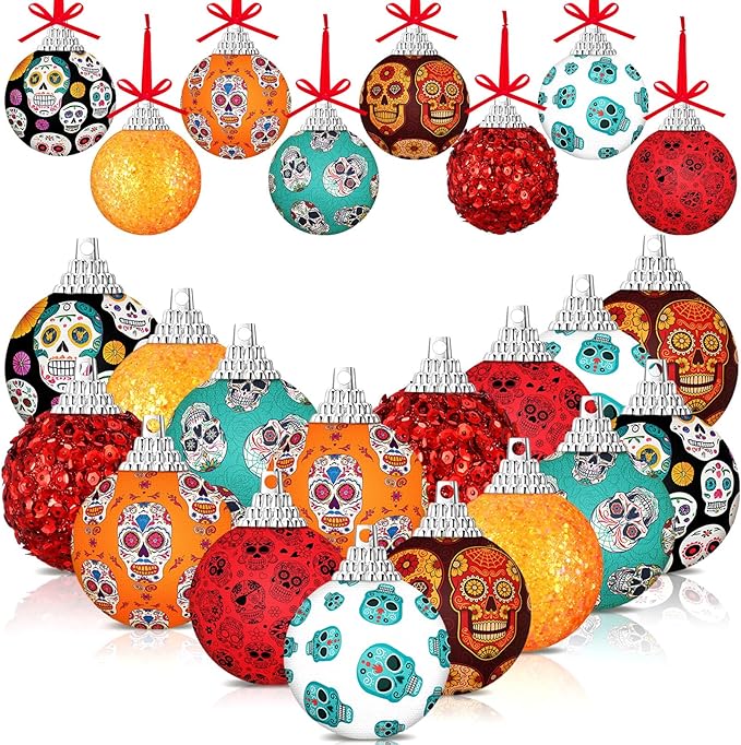 Lenwen 16 Pcs Day of The Dead Ball Ornaments Dia De Los Muertos Hanging Skull Ball Decorations Colorful Halloween Hanging Ornaments for Halloween Tree Party Decor - sugar skull christmas ornament