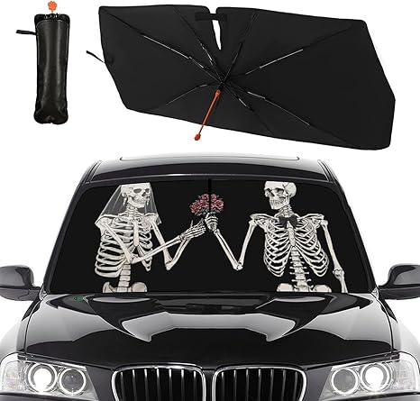 Funny Skull Car Windshield Sun Shade Umbrella Bendable Handle Foldable Skeleton Sunshade for Car Windshield Block UV Rays Keep Vehicle Cool for Most Sedans SUV Trucks Cars 57"x30" - sugar skull car sunshade for windshield