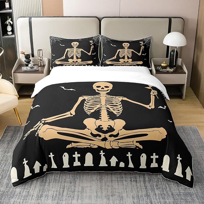 Feelyou Sugar Skull Bedding Set Full Size Kids Gothic Skull Comforter Cover Set for Boys Girls Teens Black Yellow 100% Cotton Duvet Cover Spider Print Bedspread Cover Halloween Themed Quilt Cover - sugar skull bedding set