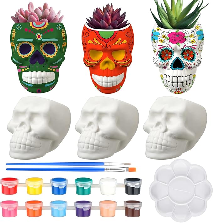 6 Sets Mexican Sugar Skull Crafts for Adults Skulls to Paint Skeleton Planter Paintable Ceramics Classroom Paintable Plant Pots to Paint for DIY Project Activity Decor - sugar skull throw blanket