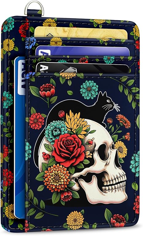 Cat Skull Credit Card Holder Slim Wallet, Floral Goth RFID Wallet Women Front Pocket Small Card Holder, Funny Skeleton Travel Card Case ID Window PU Leather RFID Blocking Card Organizer Gift - sugar skull wallets for women