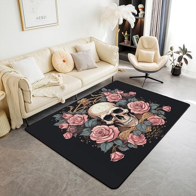 Erosebridal Sugar Skull Indoor Floor Mat 3x5 Skull Floral Area Rug Red Rose Flowers Decorative Accent Rug Skeleton Bones Blossoms Carpet Retro Gothic Decorative Rug Bedroom Decor,Non Shedding - sugar skull area rug