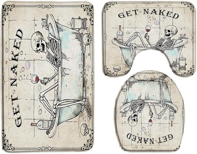 3PCS Funny Skull Skeleton Bath Mat Set Get Naked Gothic Spooky Unique Cool Bone in Bathtub Bubbles Scary Bathroom Kitchen Floor Mat Doormat,Toilet Lid Cover and Bath Mat Microfiber Home Decor Rug - sugar skull toilet mat set
