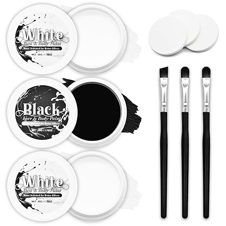3-Piece Black White Face Paint Set (2 White, 1 Black) - 1.76 oz Each, Includes Sponge and Brushes, Professional SFX Makeup Kit for Halloween, Skeleton, Ghost, Skull Cosplay, Full Coverage Body Paints - sugar skull makeup kit