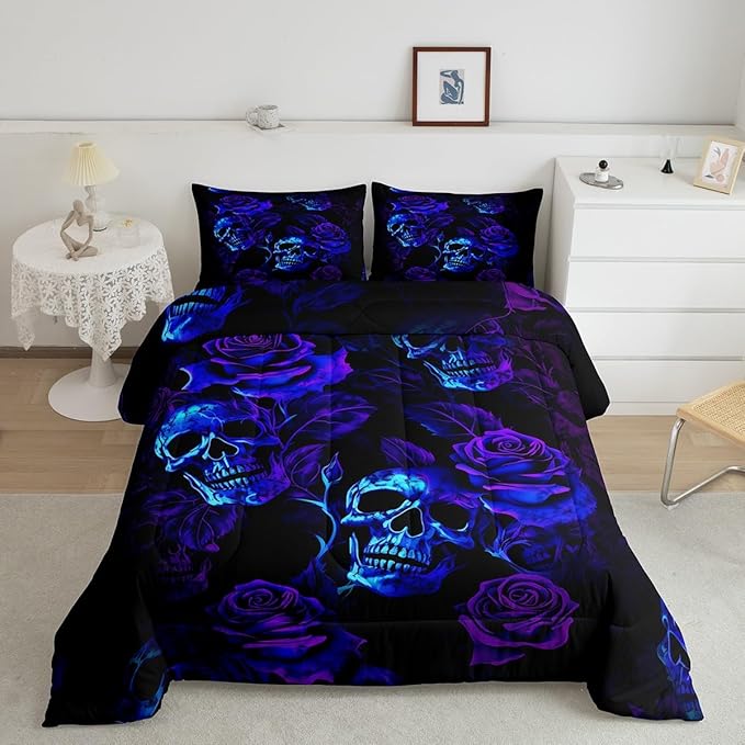 Feelyou Sugar Skull Comforter Set King Size Purple Blue Rose for Kids Boys Girls Teens Toddler Bedding Set Gothic Skull Duvet Set Scary Quilt Set 3Pcs - sugar skull bedding set