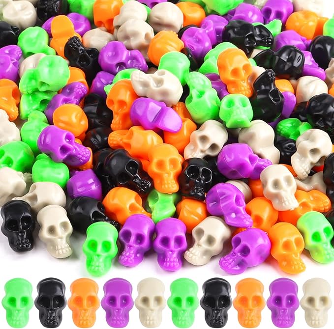 FOIMAS 100pcs Mini Halloween Skulls,Mini Plastic Skull Figurine Skeleton Heads Prank for Halloween Craft Flower Pots Vase Filler Party Table Decoration,Colorful - sugar skull figurine collectible