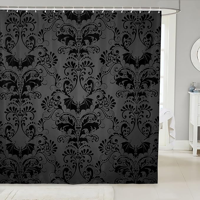 Black Damask Shower Curtain Gothic Shower Curtains for Bathroom 72"Wx72",Antique Victorian Baroque Vintage Floral Bath Curtain Bat Bathroom Decor,Bats Sugar Skull Bone Skeleton Bohemian Decor,Grey - sugar skull shower curtain set