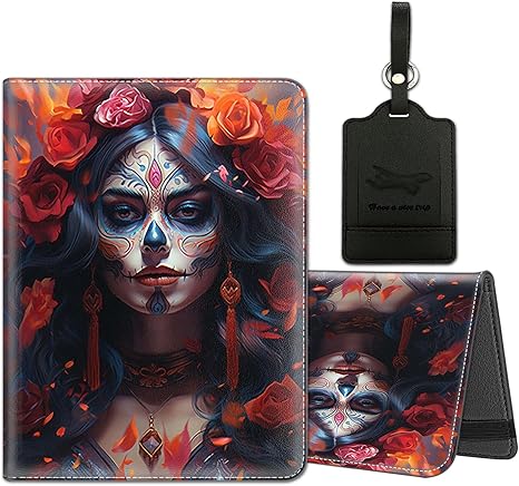 Passport Holder for Travel with Luggage Tag, PU Leather Passport Wallet with RFID Blocking for Women Men, Multi Card Slot Passport Cover Case, Sugar Skull Girl - sugar skull wallets for women