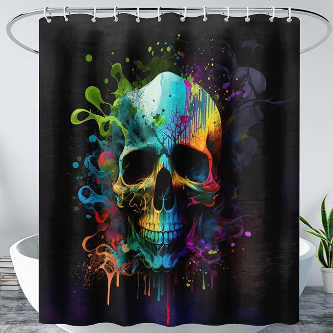 AILONEN Sugar Skull Shower Curtain for Bathroom,Watercolor Skull Bath Curtain Decoration,Minimalism Tie Dye Skeleton Print Waterproof Black Curtain with 12 Plastic Hooks, 36" W*72" H - sugar skull shower curtain set