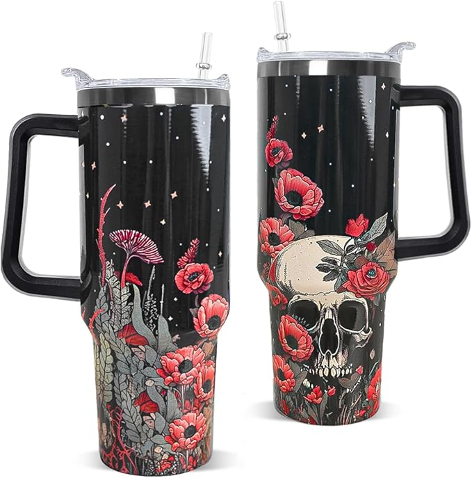 Skull Tumbler with Handle and Straw 40 oz Gothic Skull Coffee Travel Mug Goth Flowers Style Insulated Cup Water Bottle Halloween Goth Stuff Gifts Decor for Women - sugar skull tumbler with straw