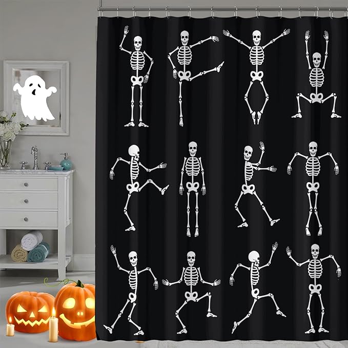 Halloween Shower Curtain, Funny Dancing Skull Skeleton Shower Curtains for Bathroom, Halloween Party Home Waterproof Fabric Bath Curtain, 72x72 Inch - sugar skull shower curtain set