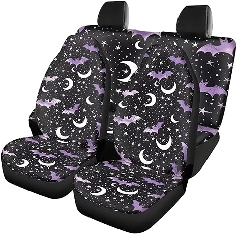 Generic Bat Moon Star Printed 4 Piece Polyester Car Seat Covers Full Set, Universal Fit for Car, Truck, Van, SUV, Easy Install, Protects Seats, Comfortable & Breathable, Black and Purple - sugar skull car seat covers set