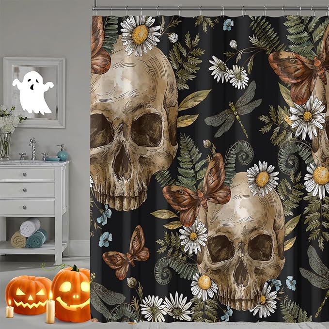 Halloween Shower Curtain, Gothic Skeleton Skulls Mushroom Floral Shower Curtains for Bathroom, Horror Halloween Party Theme Waterproof Fabric Bath Curtain, 72x72 Inch - sugar skull shower curtain set