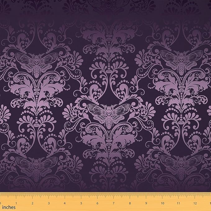 Erosebridal Grey Black Damask Decorative Fabric by The Yard Sugar Skull Upholstery Fabric Vintage Butterfly Print Indoor Outdoor Fabric Antique Victorian Baroque DIY Art Fabric,1 Yard Purple - sugar skull apron for women