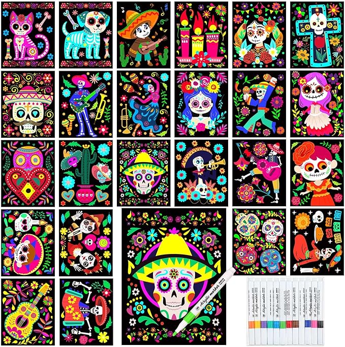 Zhanmai Pack of 48 Day of The Dead Sugar Skull Velvet Coloring Posters and Watercolor Pens Dia De Muertos Fuzzy Velvet Coloring Posters for Adults Teenagers Large Poster Arts Crafts - sugar skull poster print