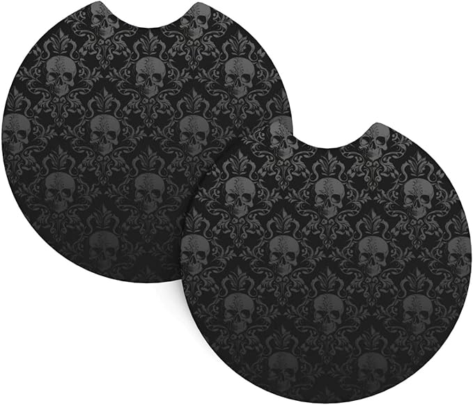 Gothic Black Skull Car Coasters,2 Pack Rubber Pad Universal Non-Slip Car Interior Cupholder Pad Accessories - sugar skull car floor mats