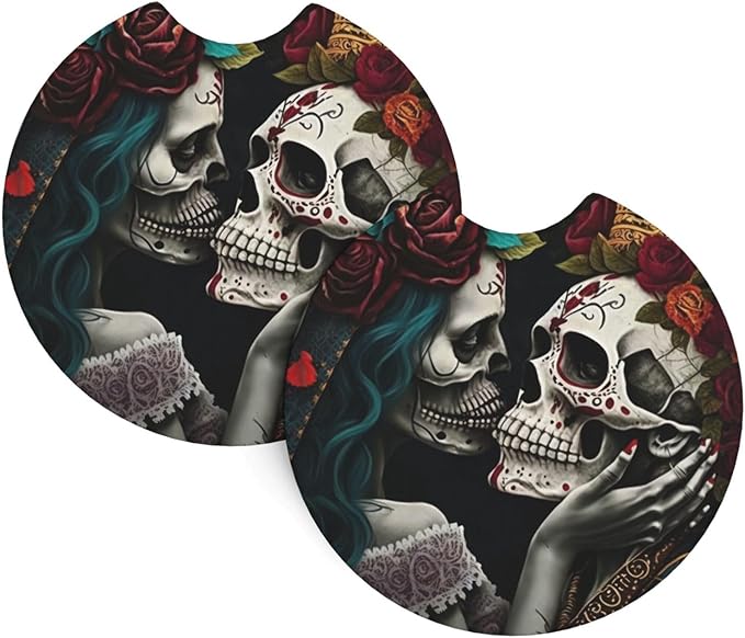 Couple Skull Car Coasters,2 Pack Rubber Pad Universal Non-Slip Car Interior Cupholder Pad Accessories - sugar skull coasters set